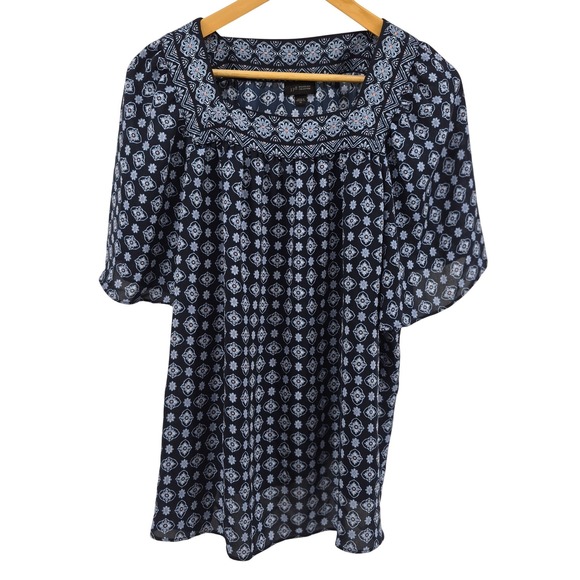 J. Jill Wearever Navy Blue Medallion Square Neck Blouse XL Travel Minimalist - Picture 2 of 11